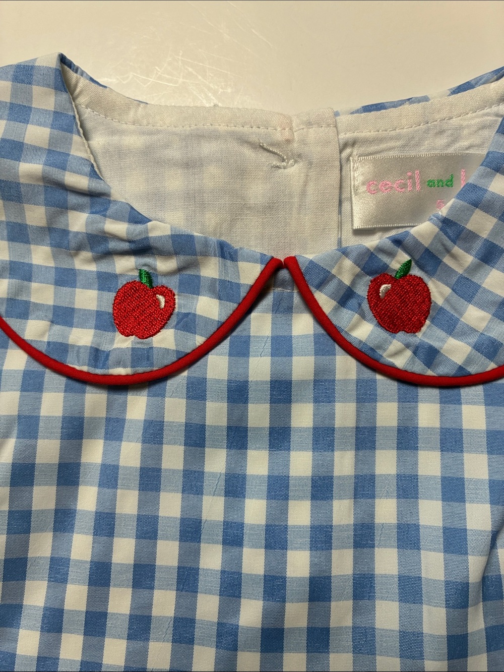 Blue Gingham Dress with Red Apple Accent and Red Bloomers - Picture 3 of 8